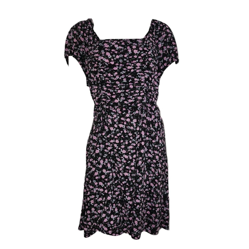 Liberty Love Dress Womens Size 1XL Black Pink Ditsy Floral Smocked Feminine Boho